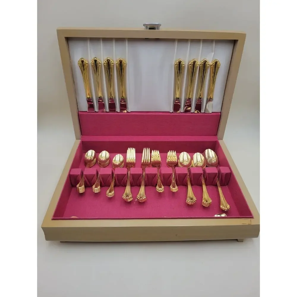 Supreme Cutlery Gold Tone Stainless Japan Flatware Set w/ Wood Case Set of 51
